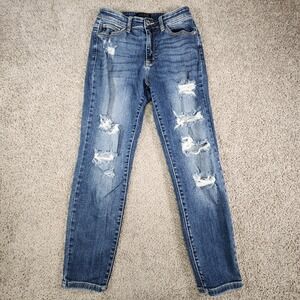 Judy Blue Jeans Women 26‎ Distressed Boyfriend Fit Dark Wash Straight Leg Preppy